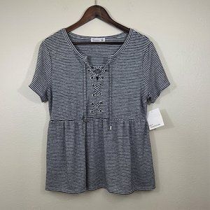 89th + Madison Sz L Navy Striped Lace Up Top NWT